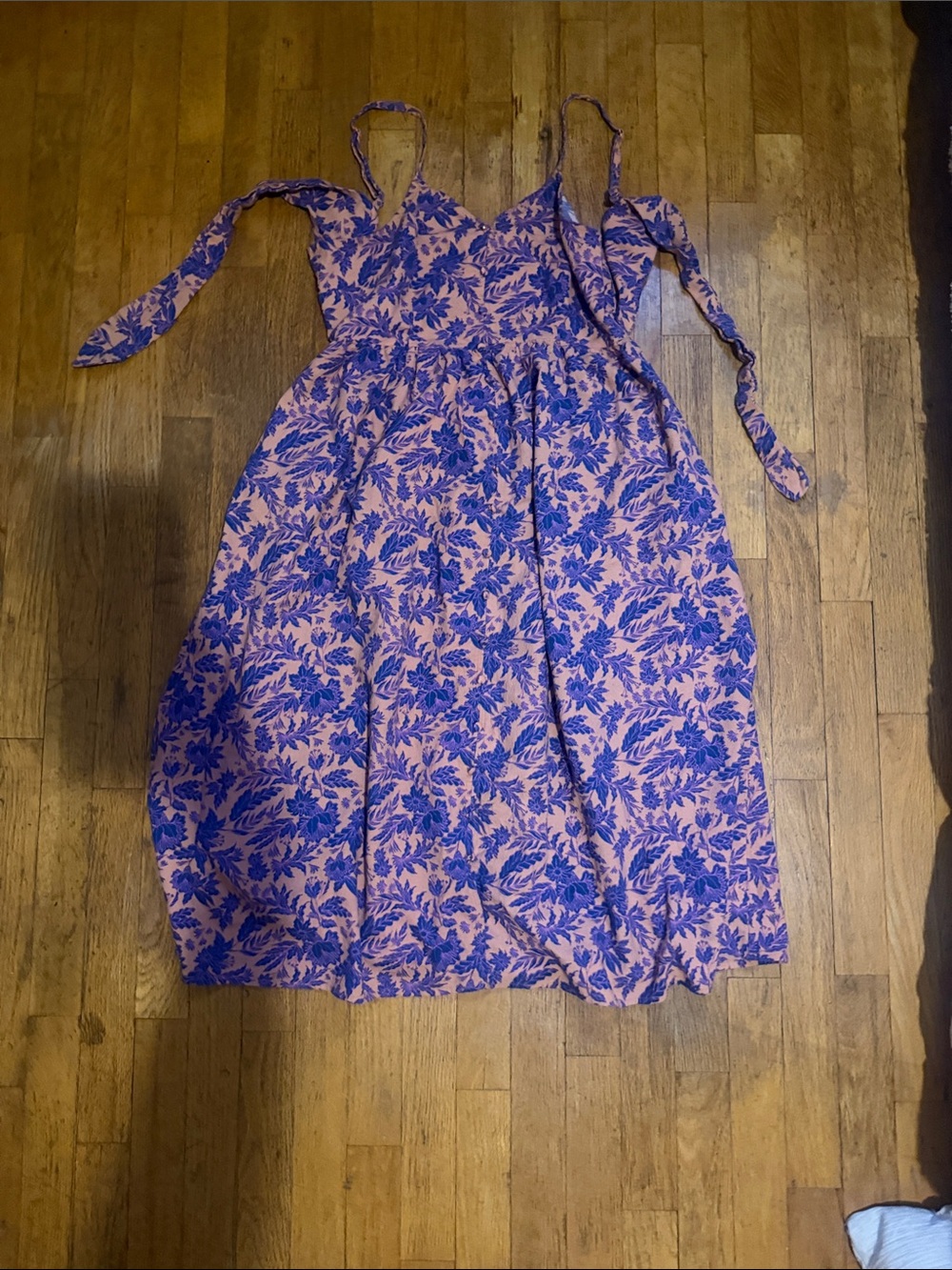 Pink Floral Print Sundress with Blue Leaves, Tie Back